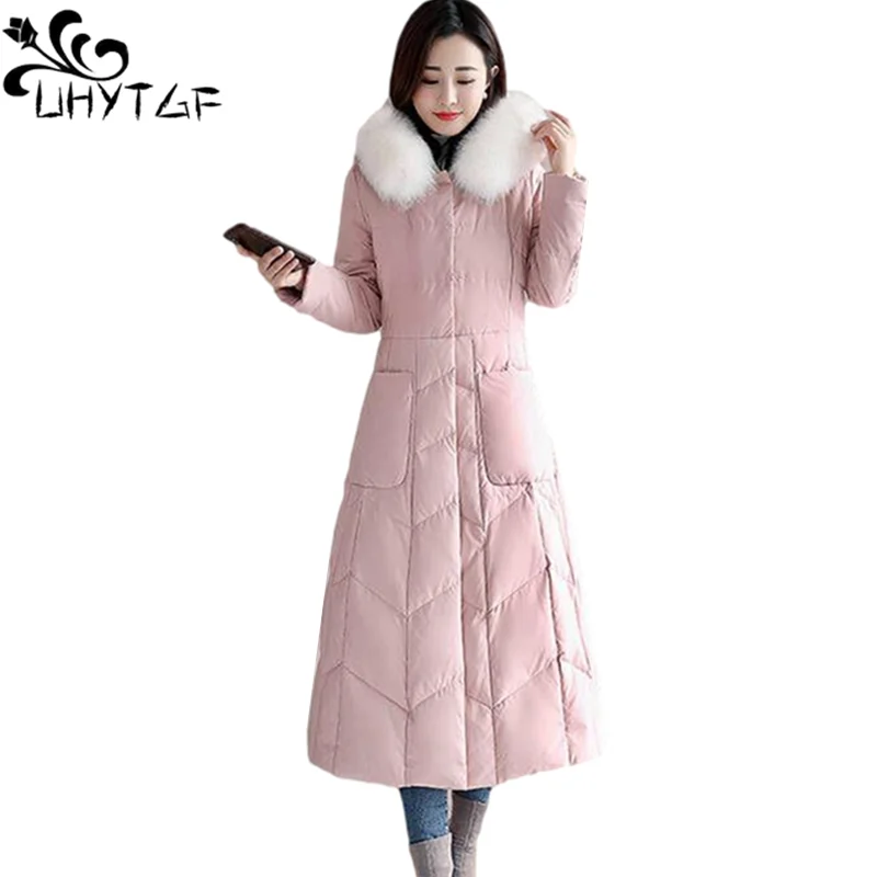 UHYTGF Down Jacket Women Warm Winter Cotton Coat Fashion Fur Collar Slim Long Parka Female Korean Loose Big Size Outerwear 1430