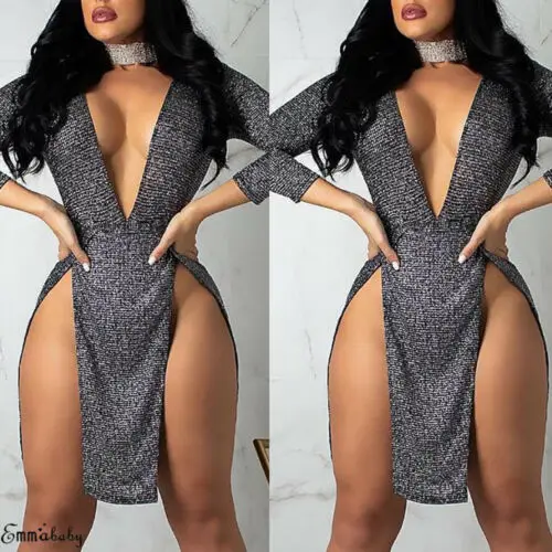 

2020 Newest Hot Sexy Women Ladies Sequined Party Club Dress Clothing Deep V Neck Long Sleeve Split Bodycon Dance Dress