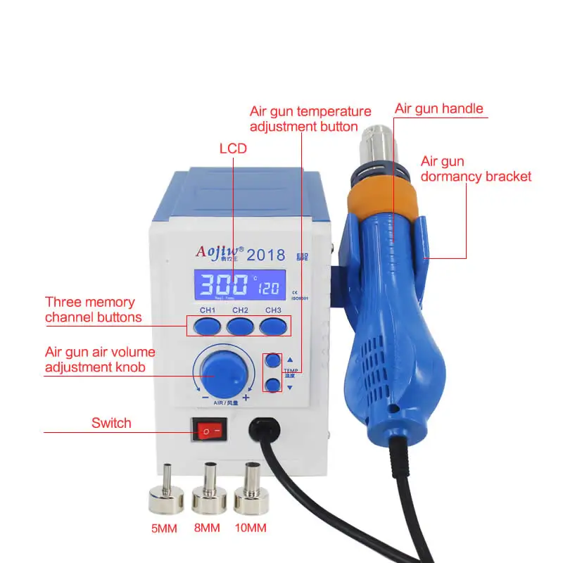 Hot Air Gun Desoldering Station 760W 220V Soldering Station SMD BGA Rework Welding Repair Tools with 5mm 8mm 10mm Air Nozzles