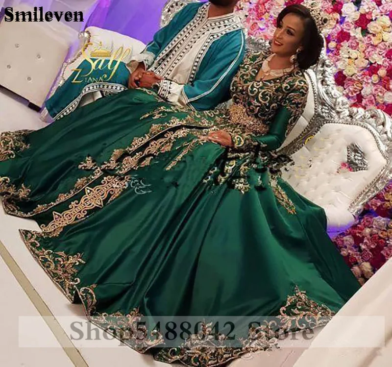 Smileven Caftan Satin Formal Evening Gowns With Long Sleeve A Line Gold Lace Special Occasion Prom Gown Vestido de fiesta