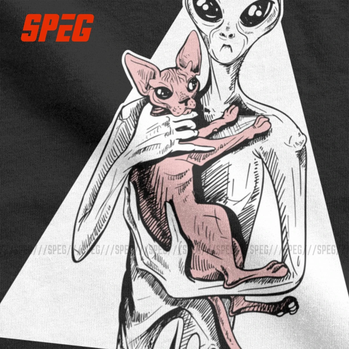 Vintage Alien With Sphynx Cat Round Collar Cotton T Shirt for men cats lover Short Sleeve Tees cosmos space area51  Gift Clothes