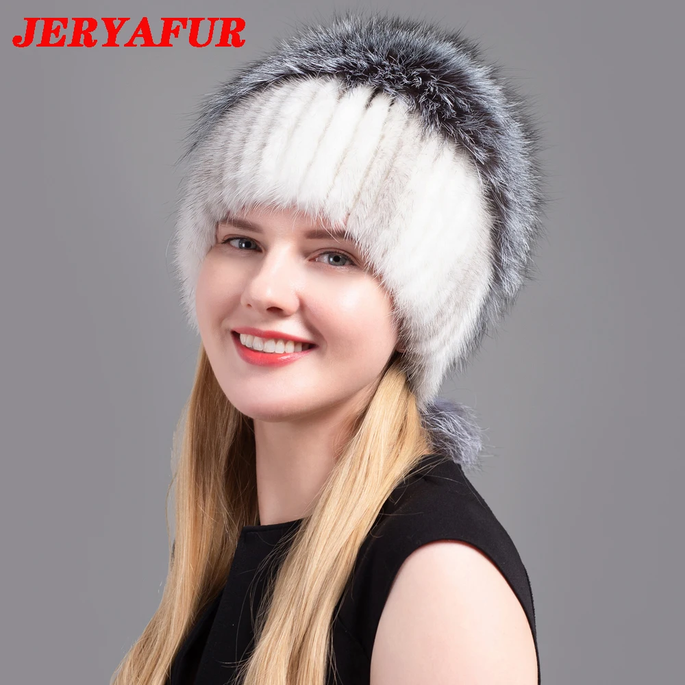 JERYAFUR Women\'s Fur Hats Fluffy Winter Warm Knitted Natural Mink Fur Hats Fashion Top Hats Women\'s Natural Fur Hats