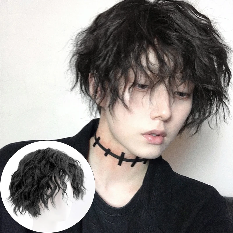 DIANQI Male's Wig  Short Curly Black Synthetic Wigs With Bangs for Men Women Boy Fake Hair