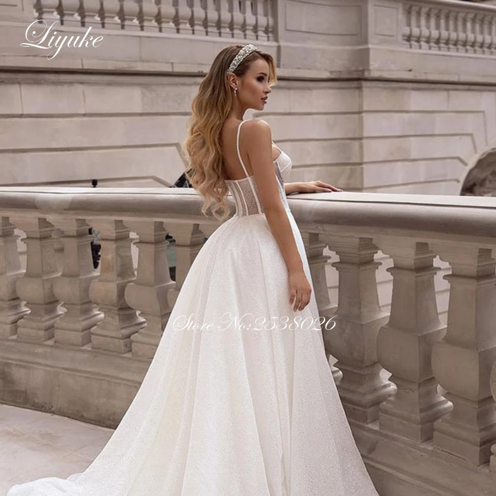 Liyuke Custom Made A Line Wedding Dress With Spaghetti Strap Of Sweetheart Neckline Of Shiny Sparkle Lace