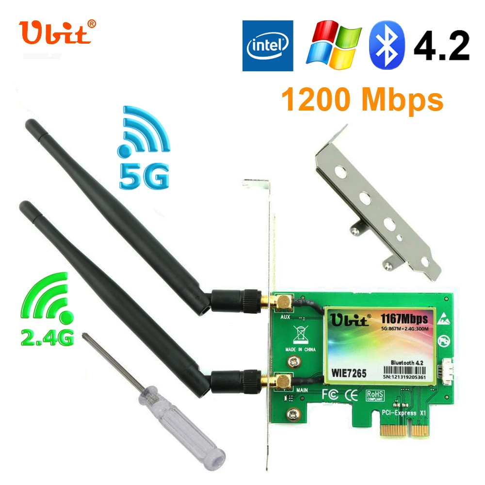 Ubit Bluetooth 4.2 Wireless WiFi Card AC 1200Mbps 7265 PCIe Network Adapter Card 5GHz/2.4GHz Dual Band PCI Express X1 Win7/8/10