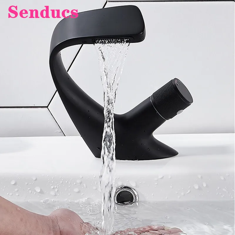 

Bathroom Mixer Tap Senducs Creative Copper Brass Basin Sink Faucets Rotation Handle Bathroom Tap Hot Cold Matte Black Basin Tap