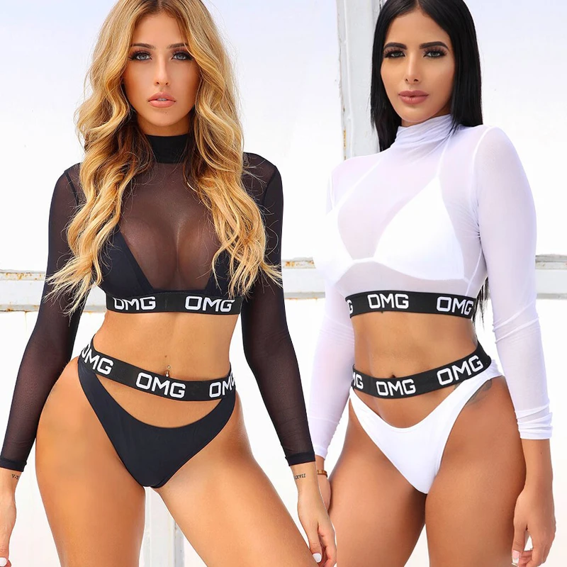 Sexy Hot Black Lace Mesh Gauze Bikini Set Three Pieces Women Swimwear High Neck Letter Bandage Swimsuit Long Sleeve Bathing Suit