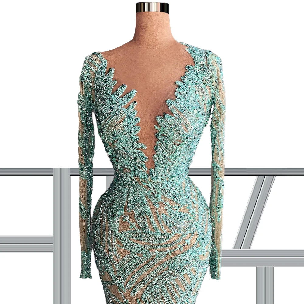 Renda frisada scalloped decote verde vestido de noite feito à mão 2021 roupões de soirée vestidos longos de graduação