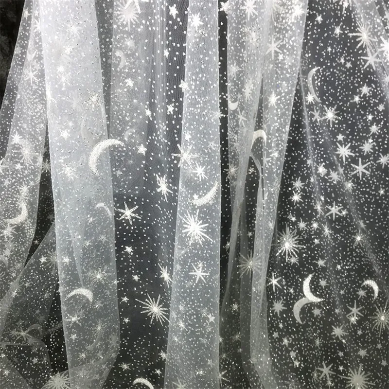 1 Yard Shinny Glitter Stars Moon Romantic Tulle Fabric Silver Stars Lace fabric For Bridal Gown Dress Stage Dress Houte Couture