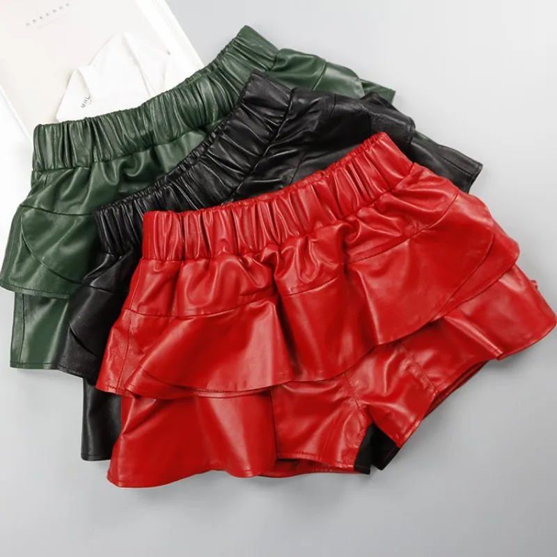 Design Sweet Ruffle Genuine Leather Shorts Skirt Women Elastic Waist Red Black Green Gray Sheepskin Shorts Female Mini Trousers