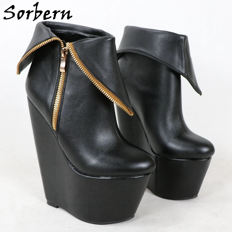 Sorbern Black Matt Ankle Boots Wedges 18Cm High Heel Thick Platform Shoes Zip Up Fall Style Stilettos Customized Booties Size 36