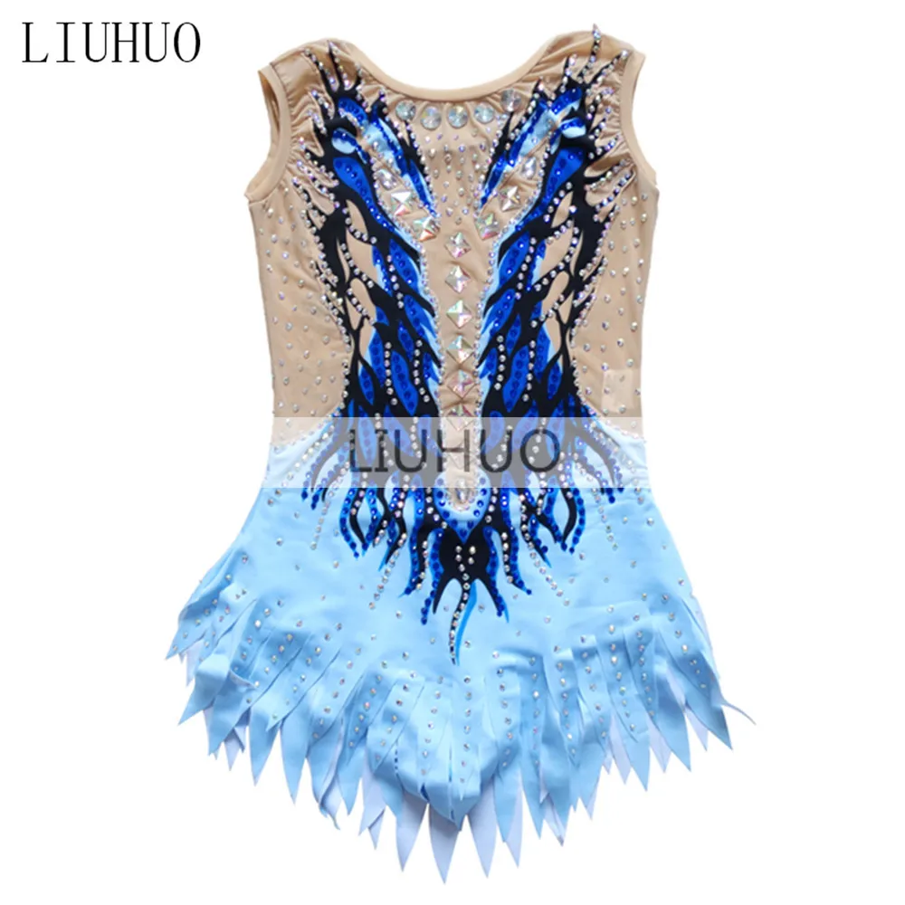 LIUHUO Figure Skating Dress Women\'s Girls\' Ice Performance Rhythmic Gymnastics Competition Blue Leotard Dance SleevelessChildren