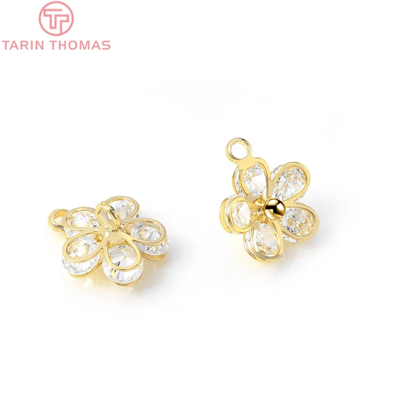 (1408)4PCS 10x12MM 24K Champagne Gold Color Plated Brass with Zircon flower Charms Pendants High Quality Diy Jewelry Accessories