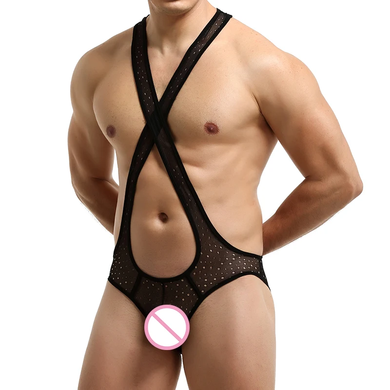 Sexy Mesh Men Undershirts Leotard Jockstrap Wrestling Singlets Gay Underwear Erotic Open Butt Bodysuits Fetish Catsuit One-piece