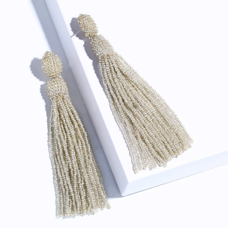 New beige black Beads Long Drop Earrings For Women Tassel Handmade Bohemian Earring Ethnic Jewelry gift Boucles d\'oreilles