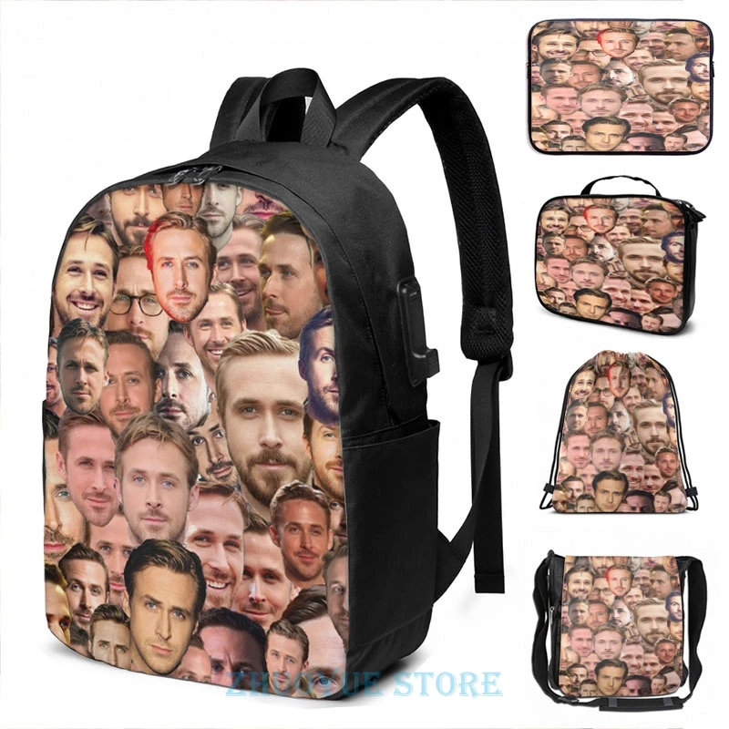 Funny Graphic print RYAN GOSLING USB Charge Backpack men School bags Women bag Travel laptop bag