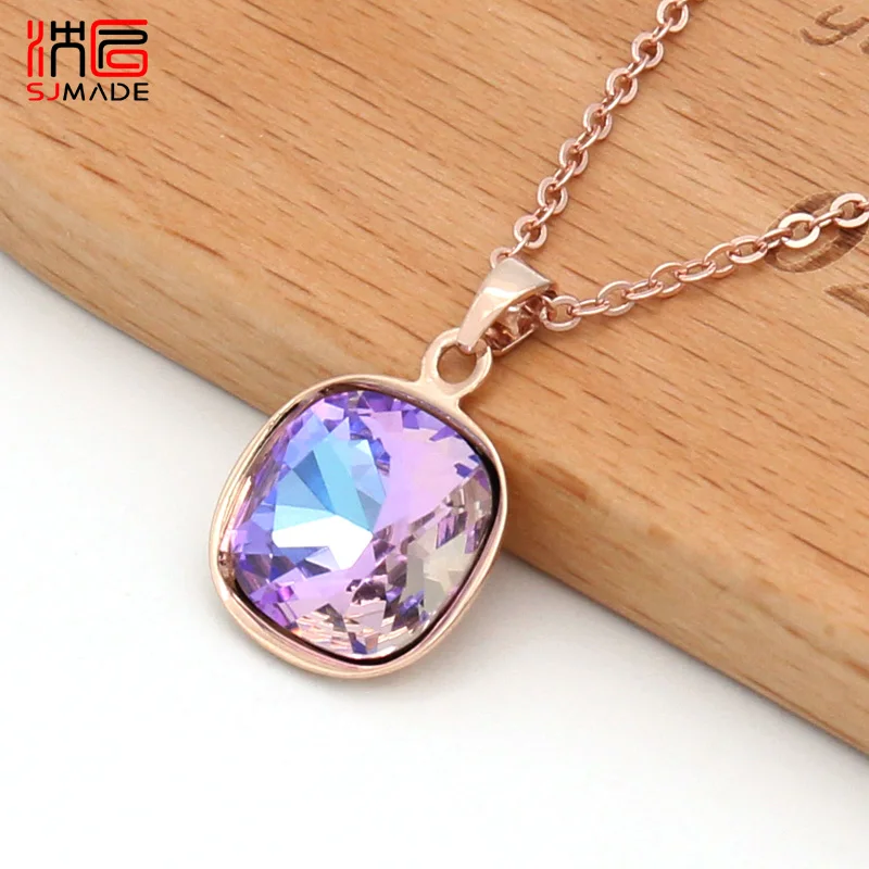 SHENJIANG New Trendy Square Crystal Pendant Necklace For Women Girls 585 Rose Gold Color Wedding Party Fashion Jewelry