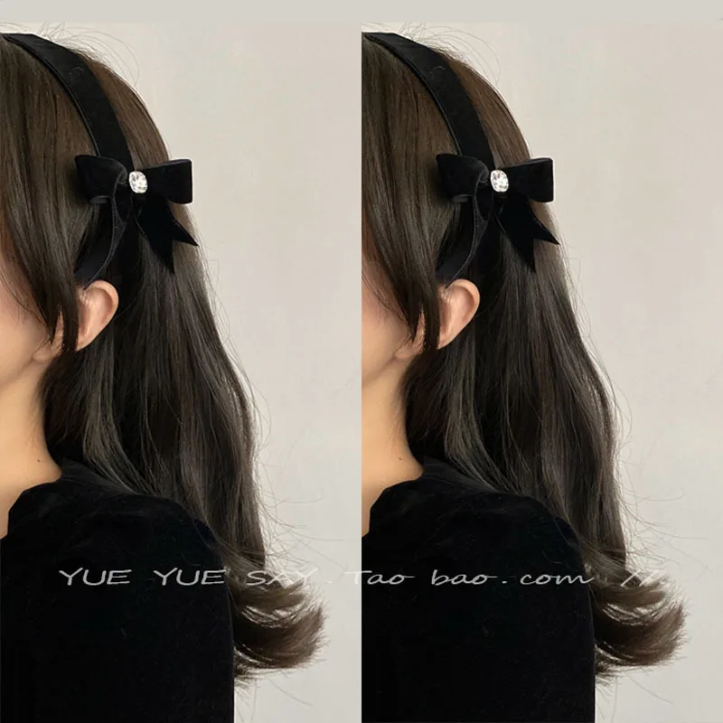 Super beautiful black velvet bow rhinestone temperament hair band western retro headband go out ins popular hairhoop