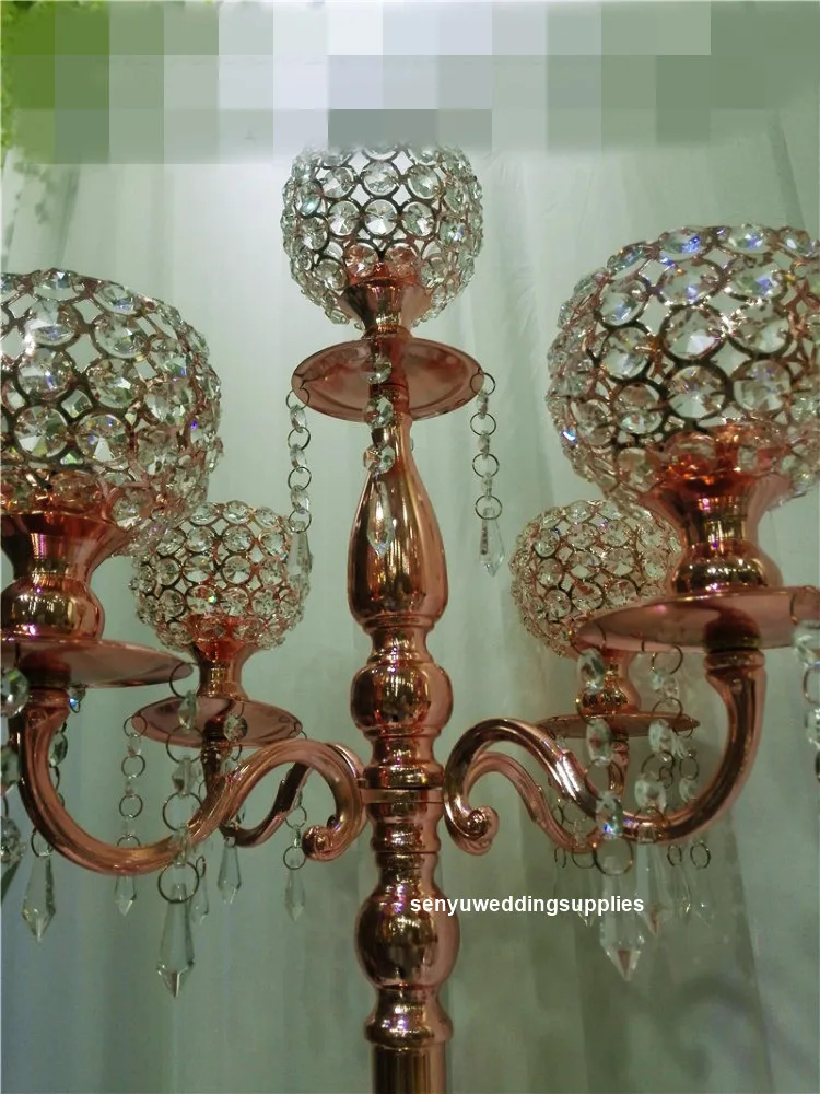 120cm tall)new style wholesale  5 arm tall  gold iron beautiful crystal globe candelabra walkway stand  senyu2524