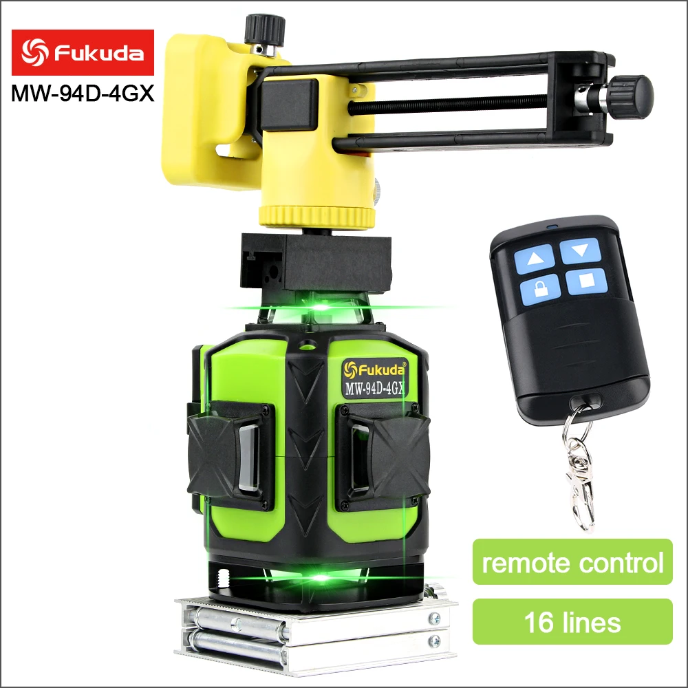 Fukuda Laser Level Green Light Self Leveling Horizontal 360° Vertical 16 Line Lasers Bracket 4D Tripod Professional Laser Level