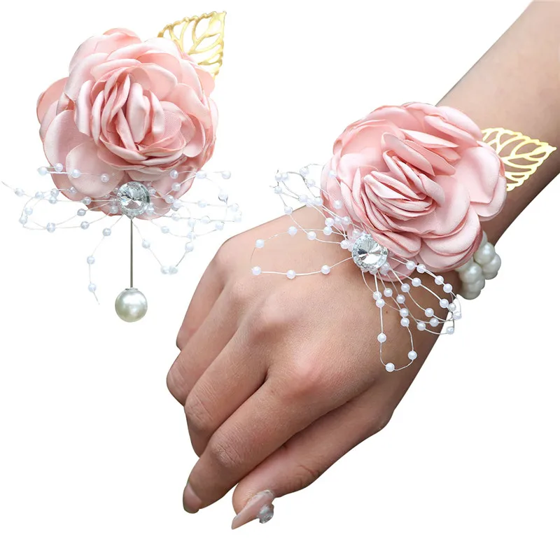 Flor de pulso de casamento rosa fita de seda noiva corsage mão decorativa pulseira de dama de honra cortina banda clipe bouquet