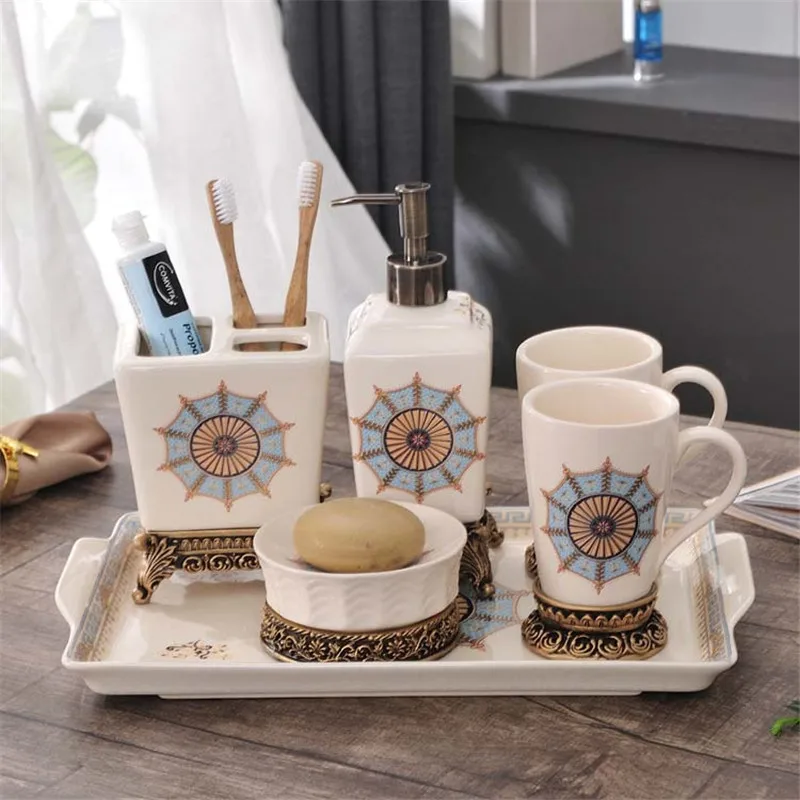 Bathroom Accessories Set Ceramic & Resin Soap Dispenser Toothbrush Holder & Gargle Cups Soap Dishes Lavatory 5/6 Pieces Sets