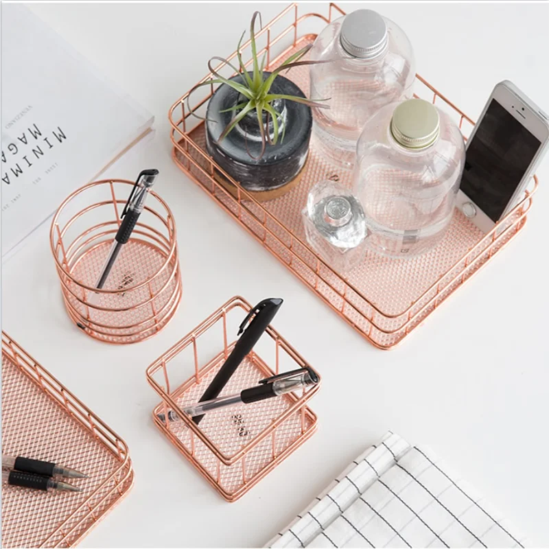 Rainbow Color Rectangle Metal Wire Storage Baskets For Home Desk Sundries Makeup Brush Holder Nordic Decor Iron Basket Organizer