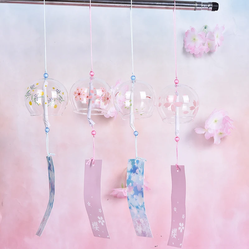 New 1pc Japanese Style Glass Wind Chimes Hanging Craft Wind Bell Home Decor Sakura Cherry Blossom Pattern