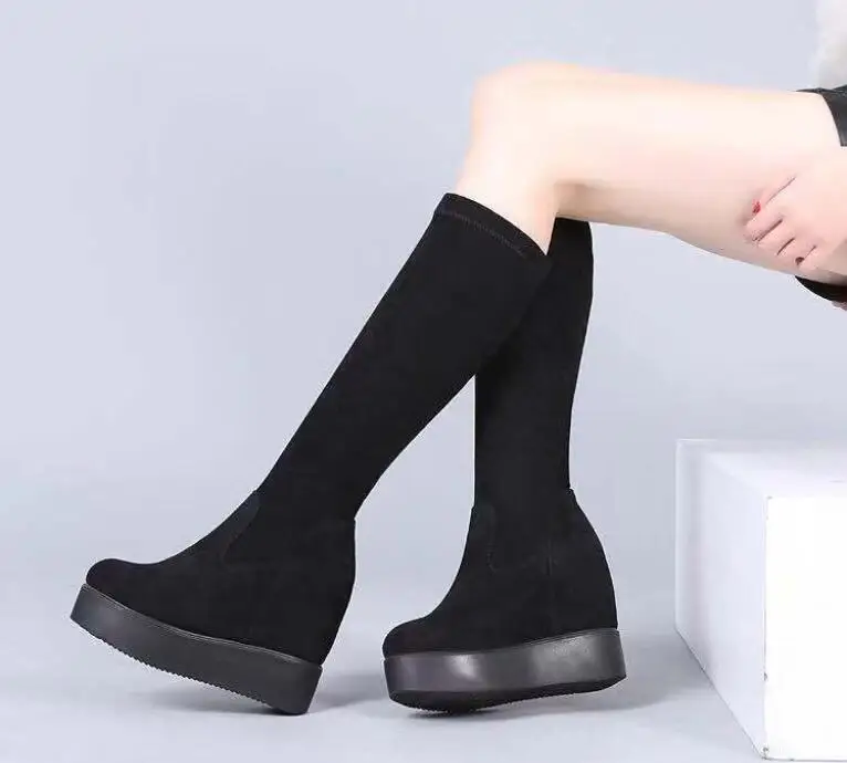 Autumn Winter Warm Wedges Knee High Boots Inner Increase Women's Round Toe Elastic Boots Long Tube Muffin Bottom Female Shoes