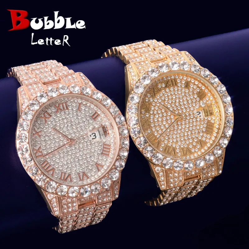 

Bubble Letter Watch for Men Gold Color Big Dial Military Quartz Clock Luxury Rhinestone Business Waterproof Relógio Masculino