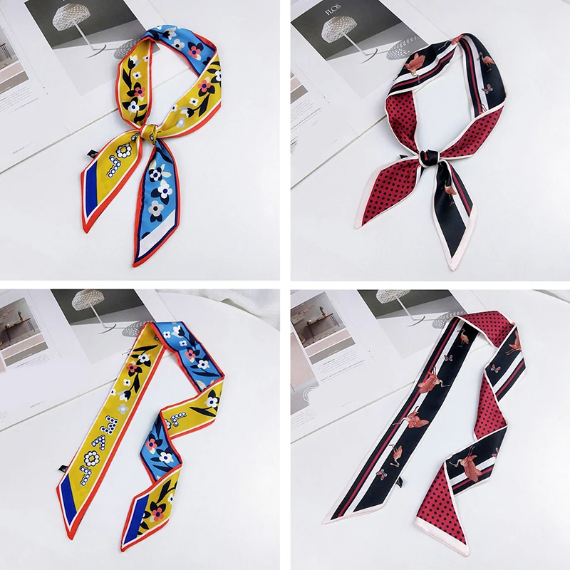 2019 Satin DIY Print Small Scarf Women Riband Handle Bags Scarf Narrow Long Wrist Small Ribbon Fashion Hair Band Scarves & Wraps image 4