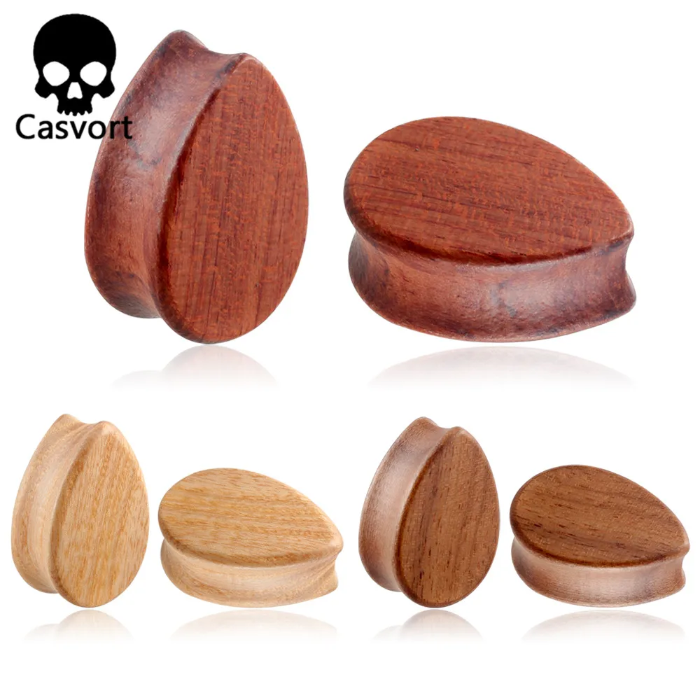 Casvort 2 PCS Teardrop Round Sandalwood Walnut Wood Double Flared Ear Plugs Tunnels Gauges Stretcher Piercings Body Jewelry