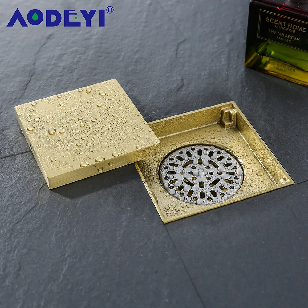 

Brass Floor Drains Shower Floor Brushed Gold Drain Bathroom Deodorant Square Waste Drain Strainer Cover Grate 100X100