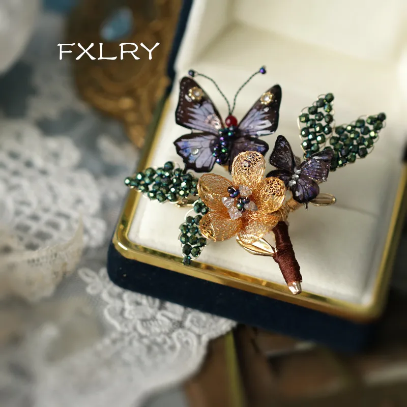 FXLRY Original Handmade Vintage Forest Butterfly Flower Branch Brooch Pin Women'S Jewelry