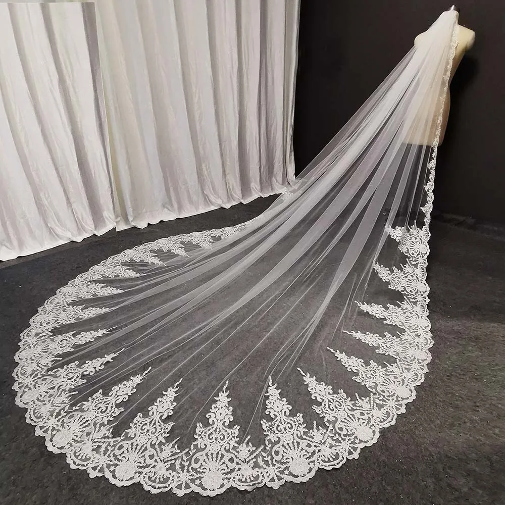 Customized Real Photos Long Lace Bridal Veil with Comb 3.5 Meters 1 Layer Cathedral White Iovry Wedding Veil Wedding Accessories