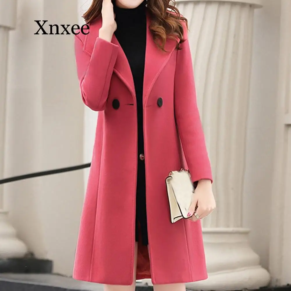 Gray Elegant Women Wool  Winter Elegant Solid Lapel Slim Coat Cashmere Woolen Coat Winter Abrigos Mujer Invierno