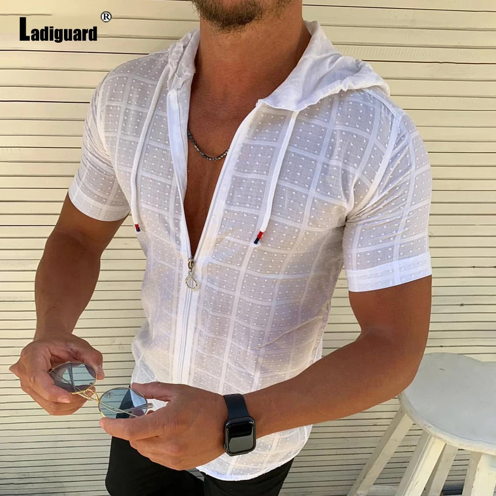 Ladiguard Trend 2023 Hoodie Shirt Patchwork Zipper Men Summer Casual Plaid Top Solid White Blouse Mens Open Stitch Thin Clothes