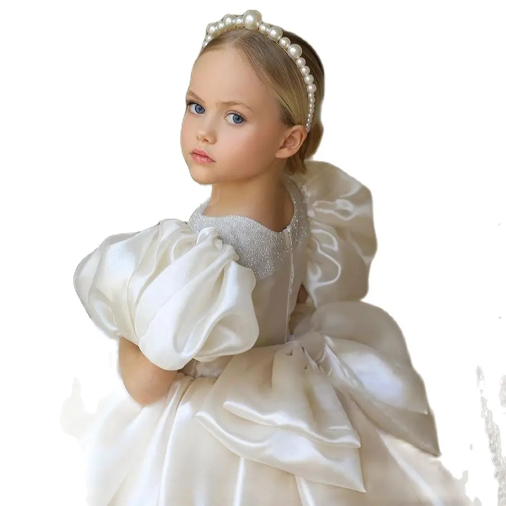 

Puffy Tulle Layers Flower Girl Dress Ivory Organza Girl Wedding Party Dress Ball Gown Elegant Princess Dresses 2021 Communion