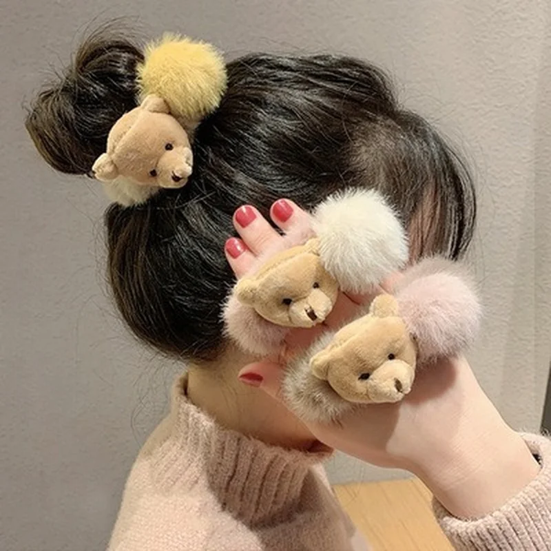 Cute Plush Bear Scrunchies for Women Girl Ponytail Holder Tie Korean Style Decorate Elastic Rubber Hair Bands Hair Accessories