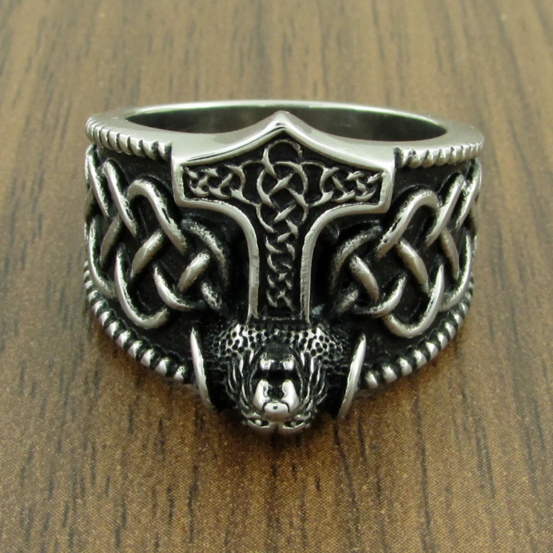 Gothic Silver Color 316L Stainless Steel Viking  Thor Hammer Celtics Knot Ring Men\'s Nordic Lion Mjolnir Rings