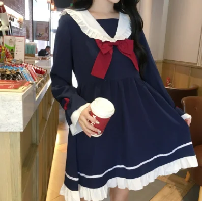 Robe gothique lolita op loli pour fille, kawaii, style collège japonais, douce, col marin, manches évasées, robe victorienne à nœud papillon