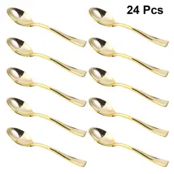 24pcs Mini Spoons Plastic Cake Spoons Disposable Dessert Spoons Ice-cream Spoons for Home Shop Party Golden