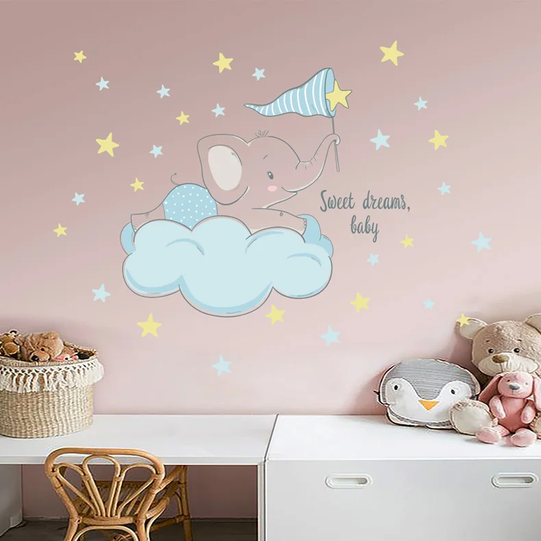 Cartoon-Elefant auf den Wolken Wandaufkleber Kinderzimmerdekoration Tapete Baby-Schlafzimmer-Dekor Selbstklebende niedliche Tier-Aufkleber – Detail 3