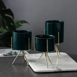 Set of 3 pcs Ceramic Flower Planters with Iron Rack for Succulent Plants Desktop Ceramic Flower Vase Home Garden Decoration