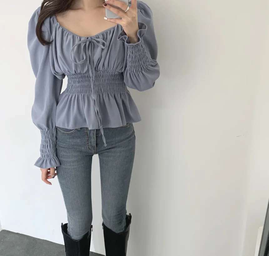 Chic Korea Off Shoulder topy Blusas kobiety 2021 wiosna Solid Color muszka wąska talia linia Belly Peplum krótkie bluzki bluzki