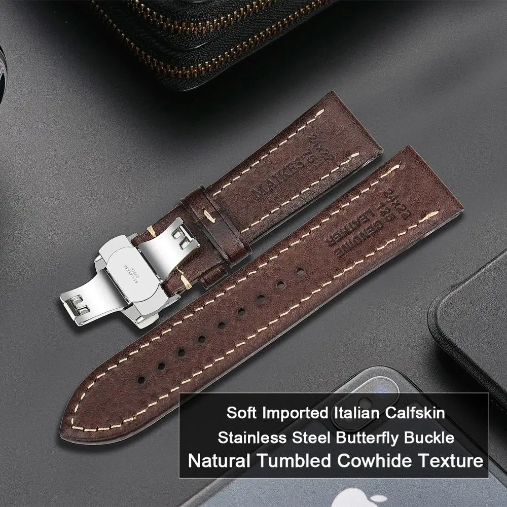 MAIKES Genuine Leather Watch Strap Stainless Steel Buckle Butterfly Clasp Man Women 20mm 22mm 24mm Leather band