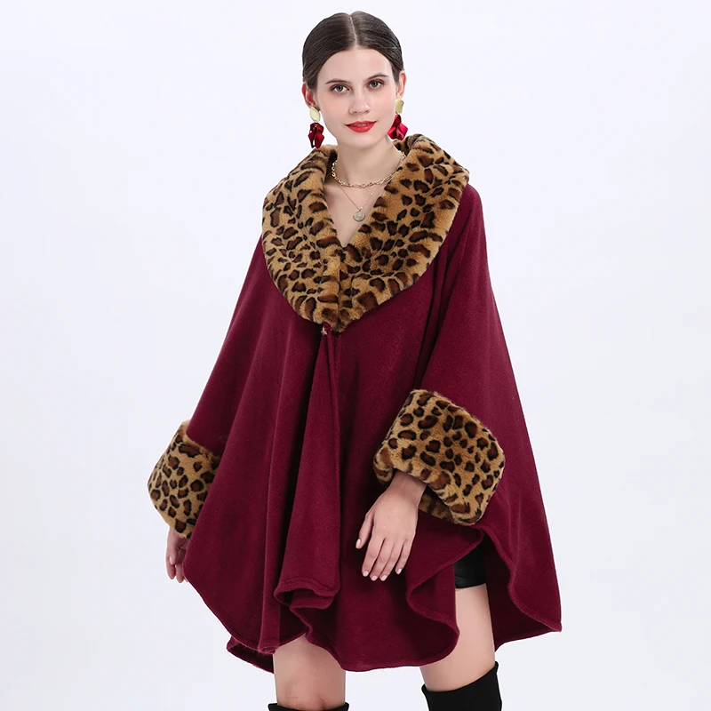 Abrigo holgado con cuello de piel sintética de leopardo para mujer, cárdigan grueso y cálido, mangas largas de murciélago, capa de Cachemira, ropa de calle de invierno, 4 colores