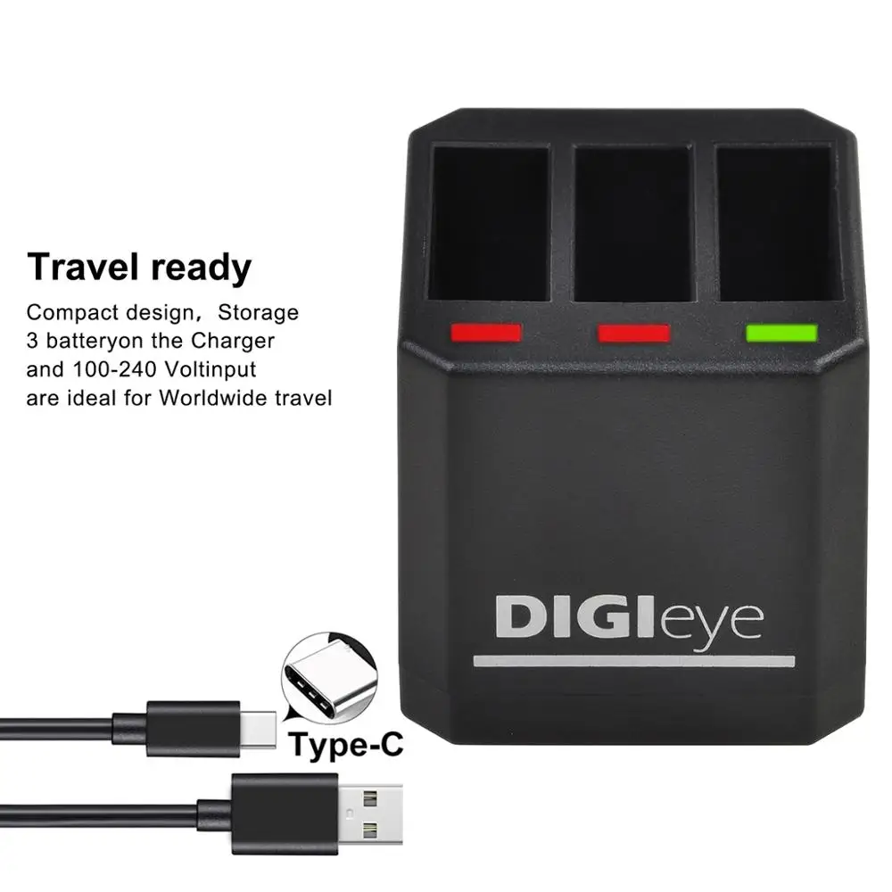 Batterie für Gopro Hero 5/6/7 + 3-Ports USB Ladegerät mit Typ C Port für Gopro Hero 5,AHDBT-501,Hero 6,Hero 7 Schwarz, Hero 2018