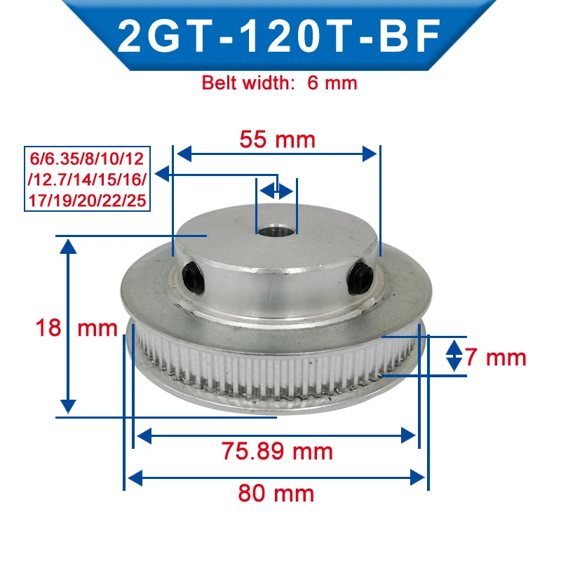 GT2-120T Pulley Bore 6/6.35/8/10/12/12.7/14/15/16/17/19/20/22 mm Pulley Wheel Match with 6/10 mm GT2-timing belt For 3D Printers