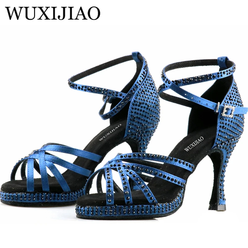 

WUXIJIAO Professional Ballroom Dance Shoes Ladys Halloween Skull Salsa Dance Shoes Denim Doodle 9cm Heeled Women Latin Dance